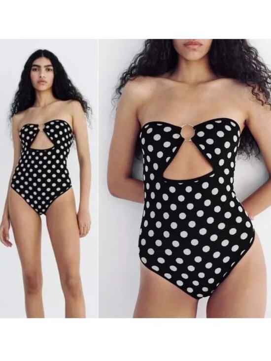 Zara Tops - ZARA Polka Dot Strapless BODYSUIT Size M L Black White Ring Detail NEW w/ TAGS